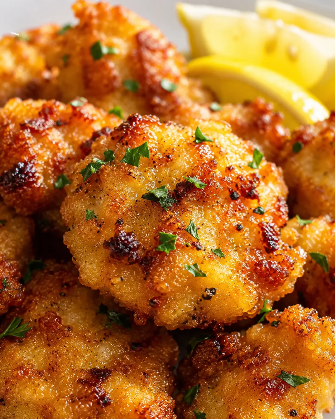 Close-up of golden, crispy fried chicken pieces with parsley and lemon wedges in the background.