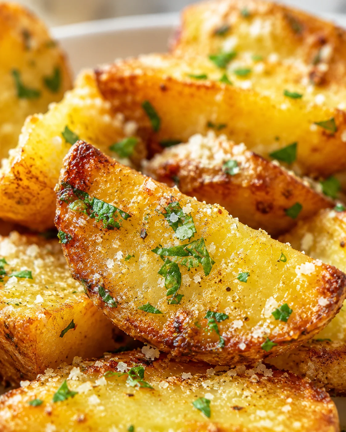 close-up of crispy roasted potato wedges with parsley and parmesan