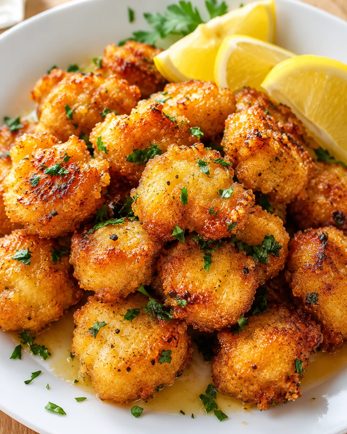Golden-brown crispy potato bites with parsley and lemon wedges on a white plate