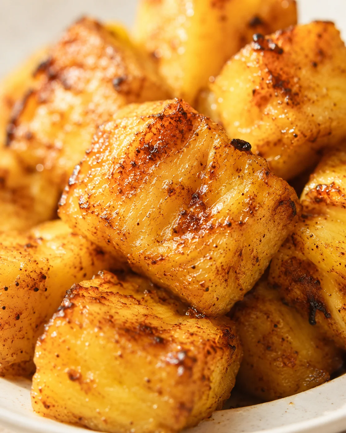 Close-up of golden, crispy potato cubes with browned, seasoned edges.
