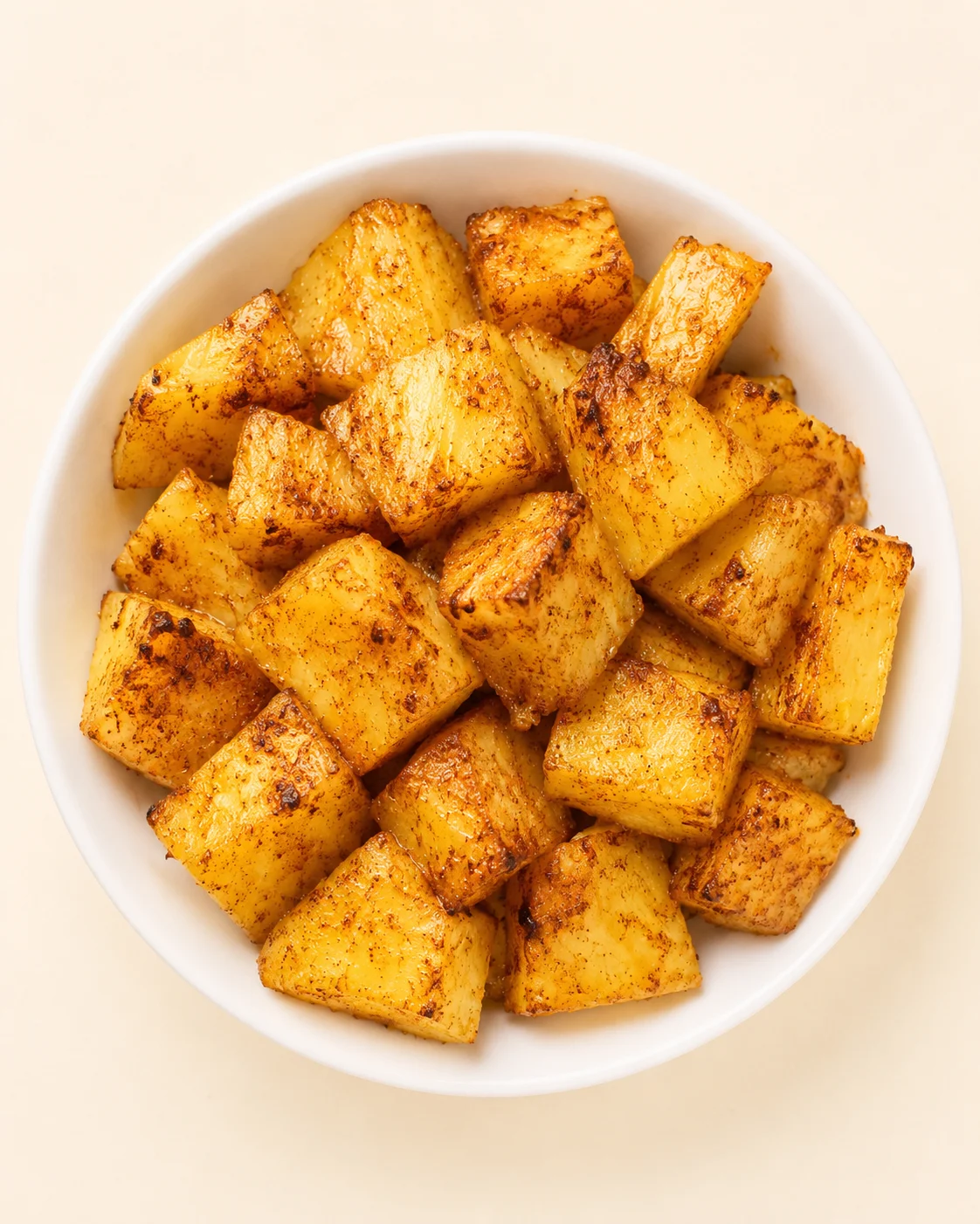 white bowl of crispy roasted potato cubes on a beige background
