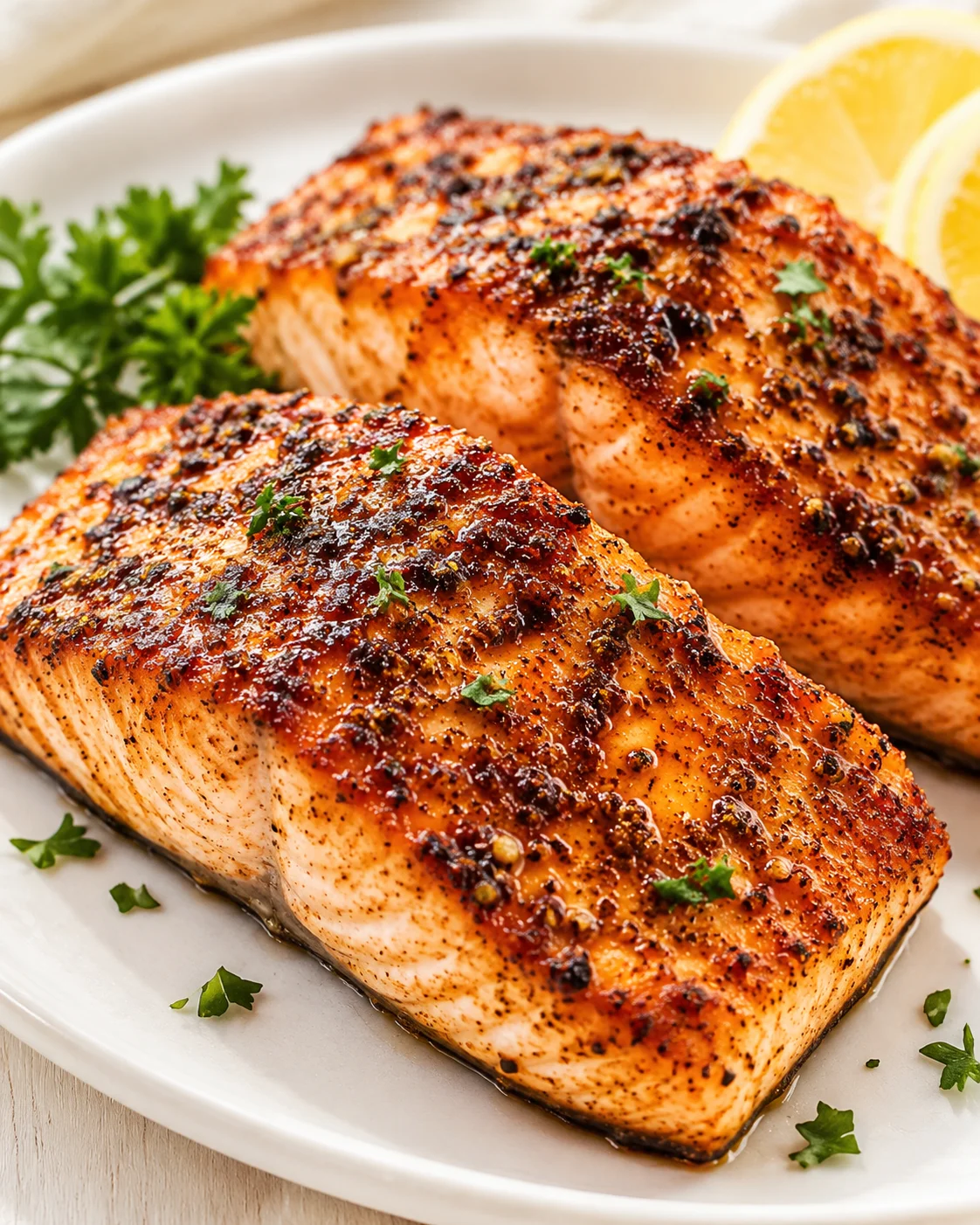 Two crusted salmon fillets on a white plate with lemon wedges and parsley