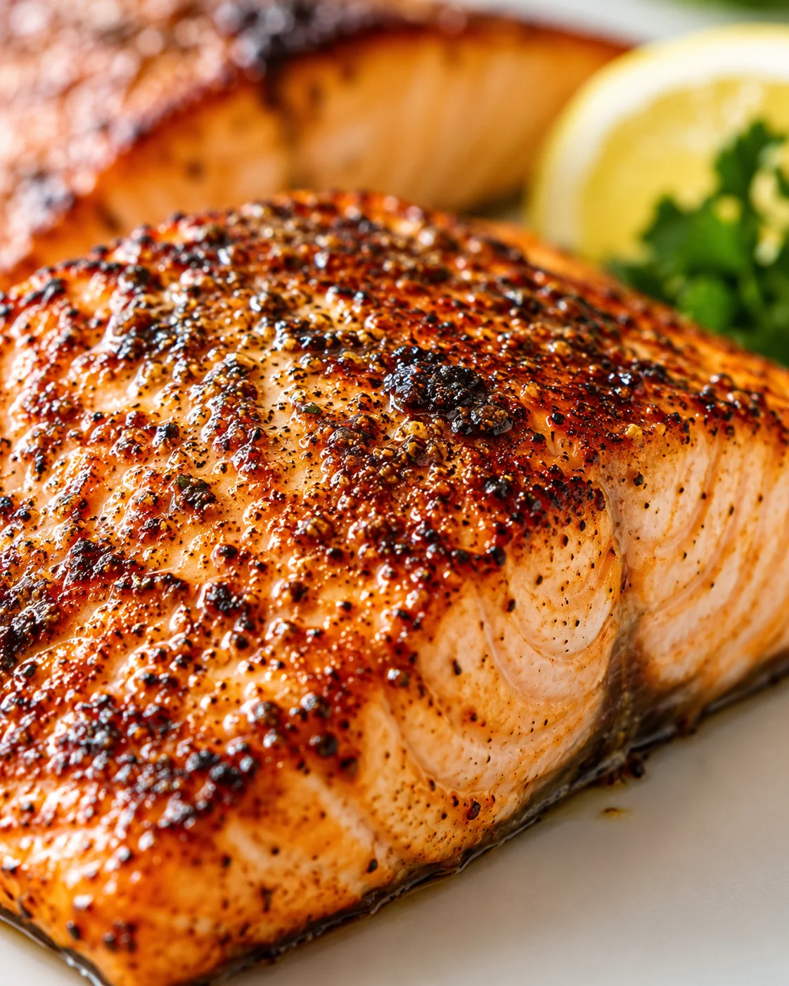 close-up of seared salmon fillet with a pepper crust and lemon garnish