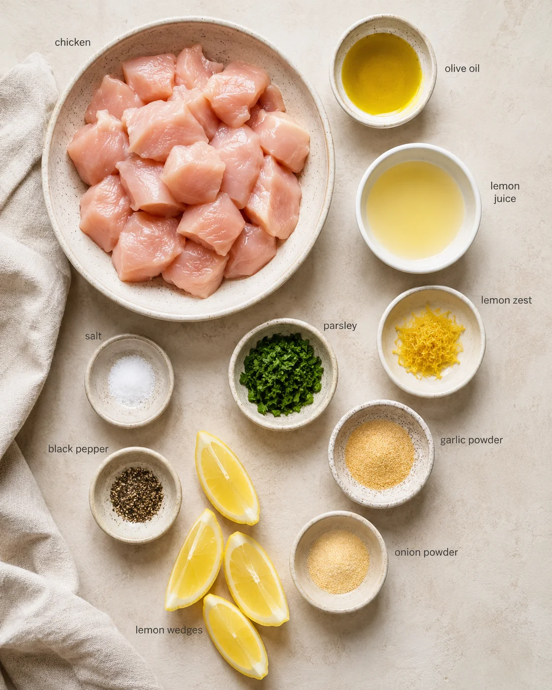 Overhead view of raw chicken cubes with lemon wedges and labeled bowls of oil, juice, and spices.