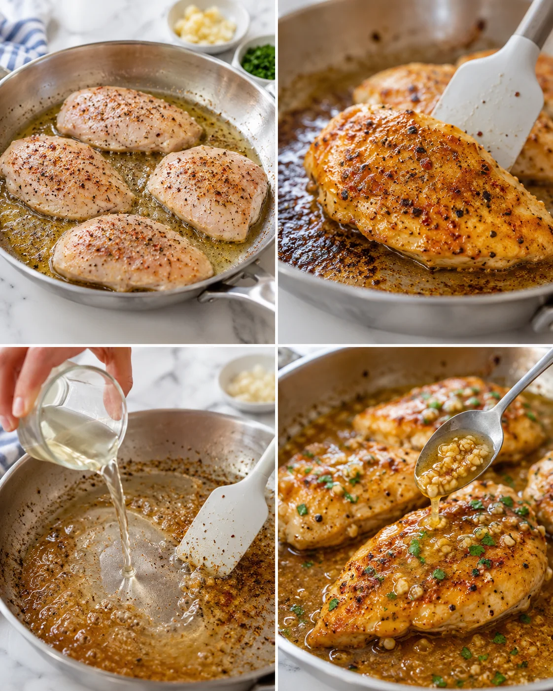 collage of chicken-breasts browning in a skillet, sauce being poured, and garlic-butter glaze