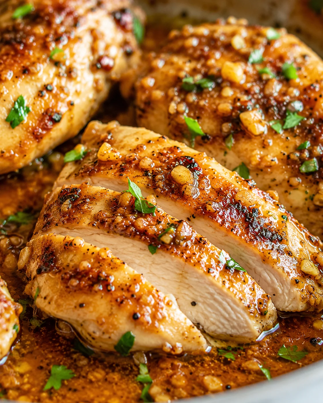 sliced herb-crusted chicken breast in garlic-butter sauce, topped with chopped herbs and nuts.
