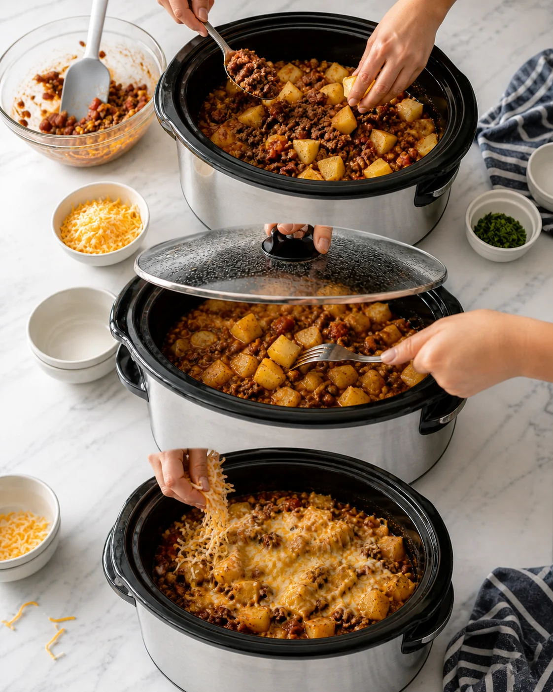 slow-cooker-beef-potato-stew Hands add ingredients to stacked slow cookers featuring beef, potatoes, and melted cheese on a marble countertop.