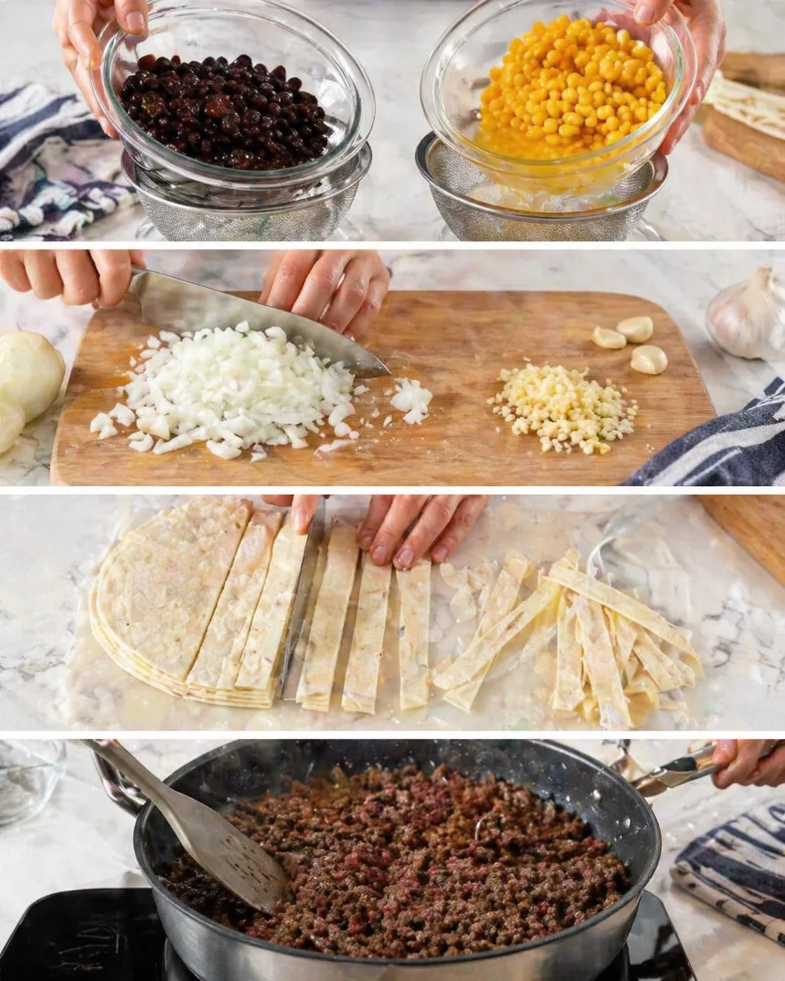 collage of recipe steps: black beans, corn, diced onion, minced garlic, tortilla strips, and browned ground beef