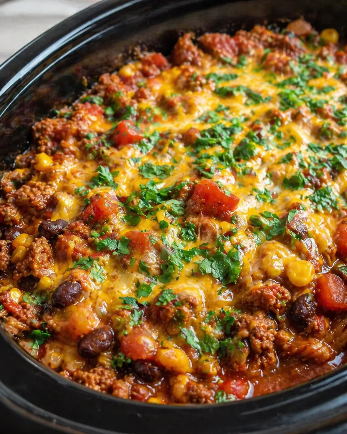 close-up of hearty chili in a black slow cooker, with melted cheese, corn, beans, and cilantro.
