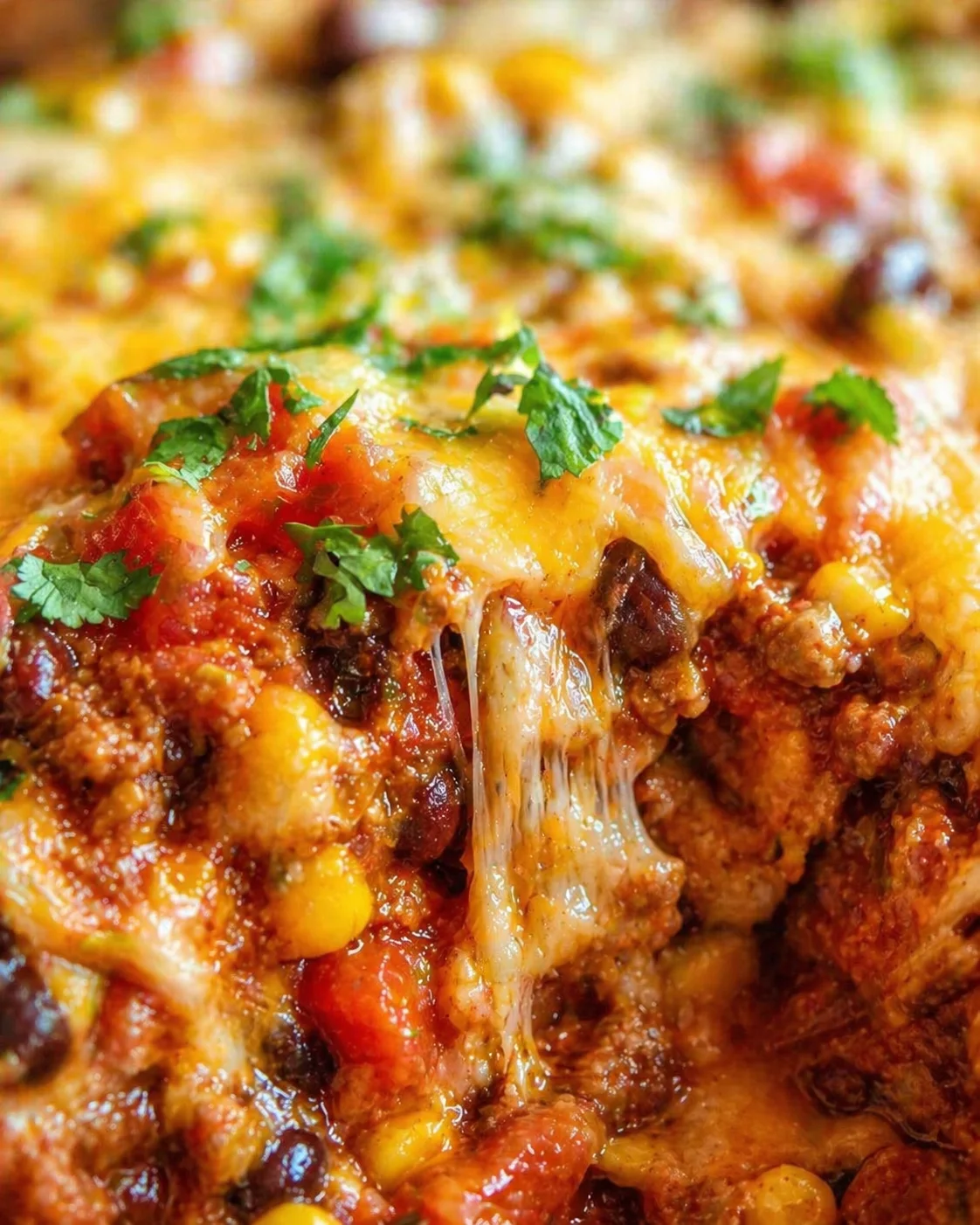 Close-up of gooey cheese stretching over a taco bake topped with cilantro.