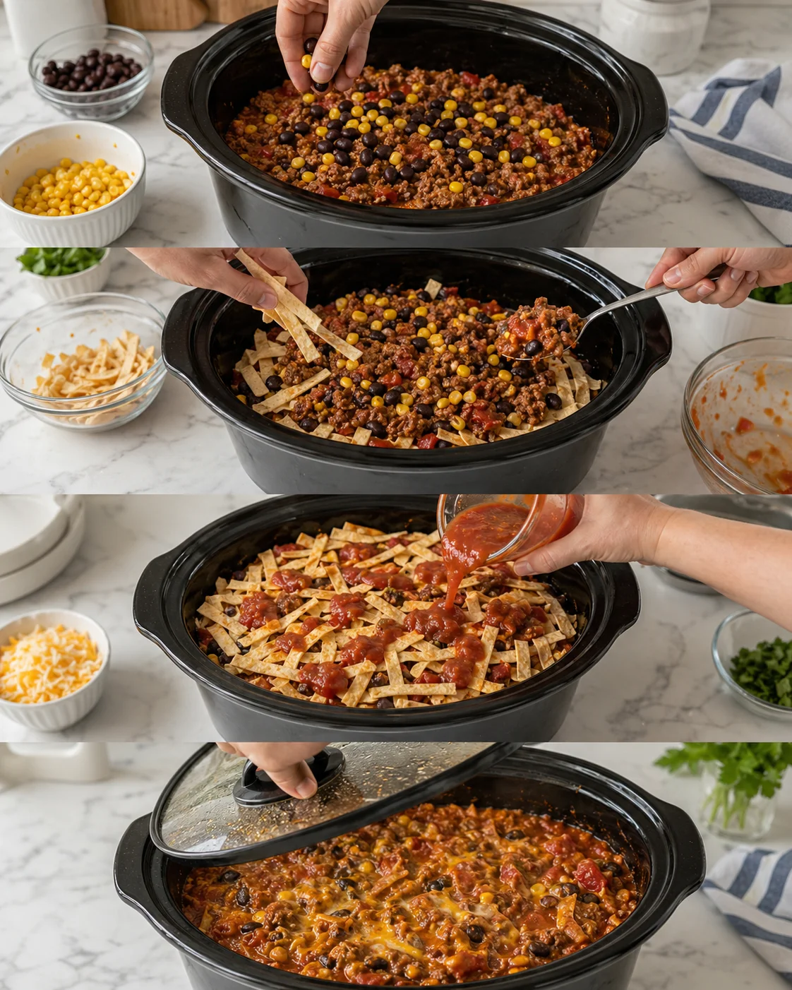 Hands layering corn and tortilla chips into a black slow cooker filled with chili.