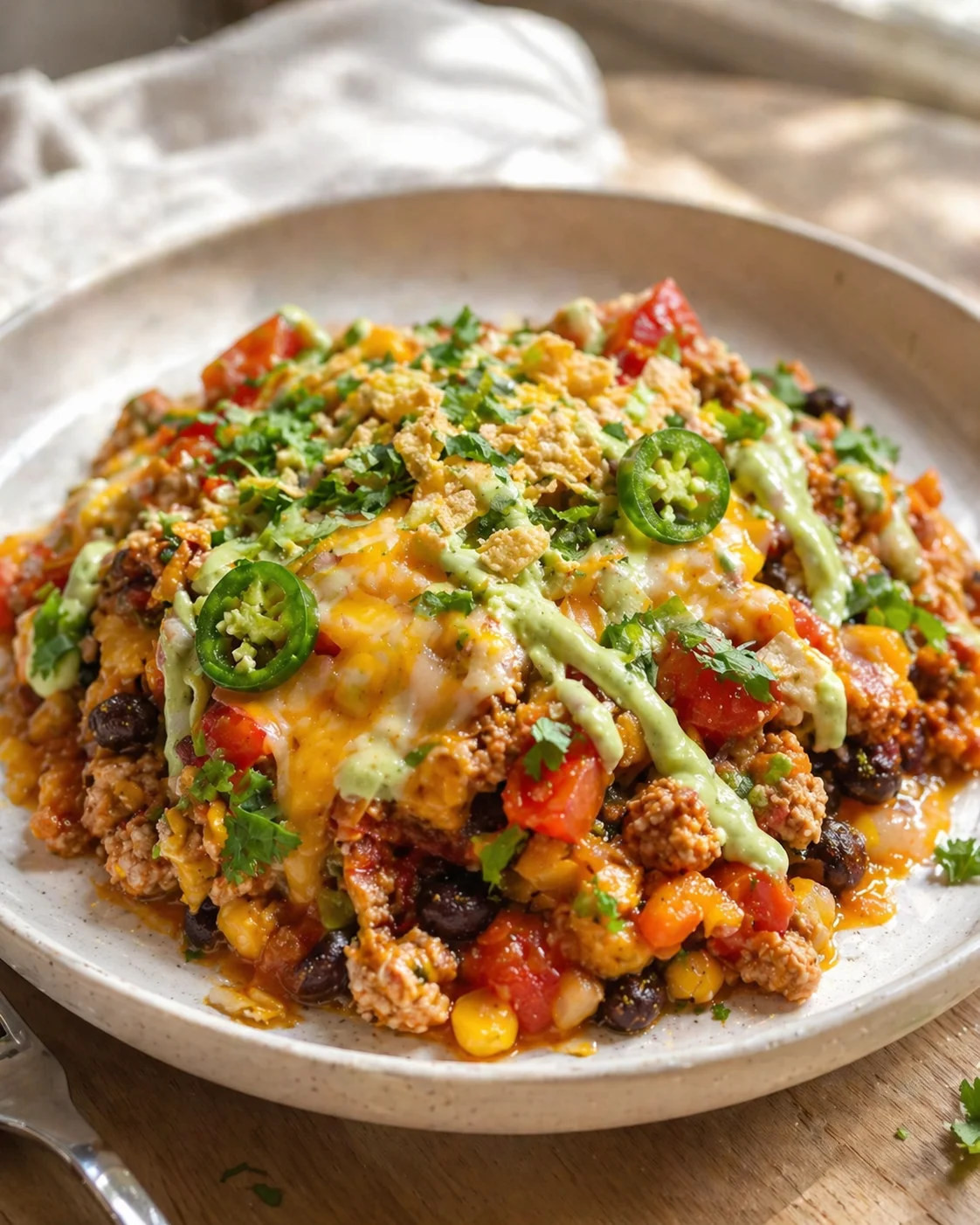 Plated cheesy taco bake with beans, corn, tomatoes, jalapeños, and cilantro.