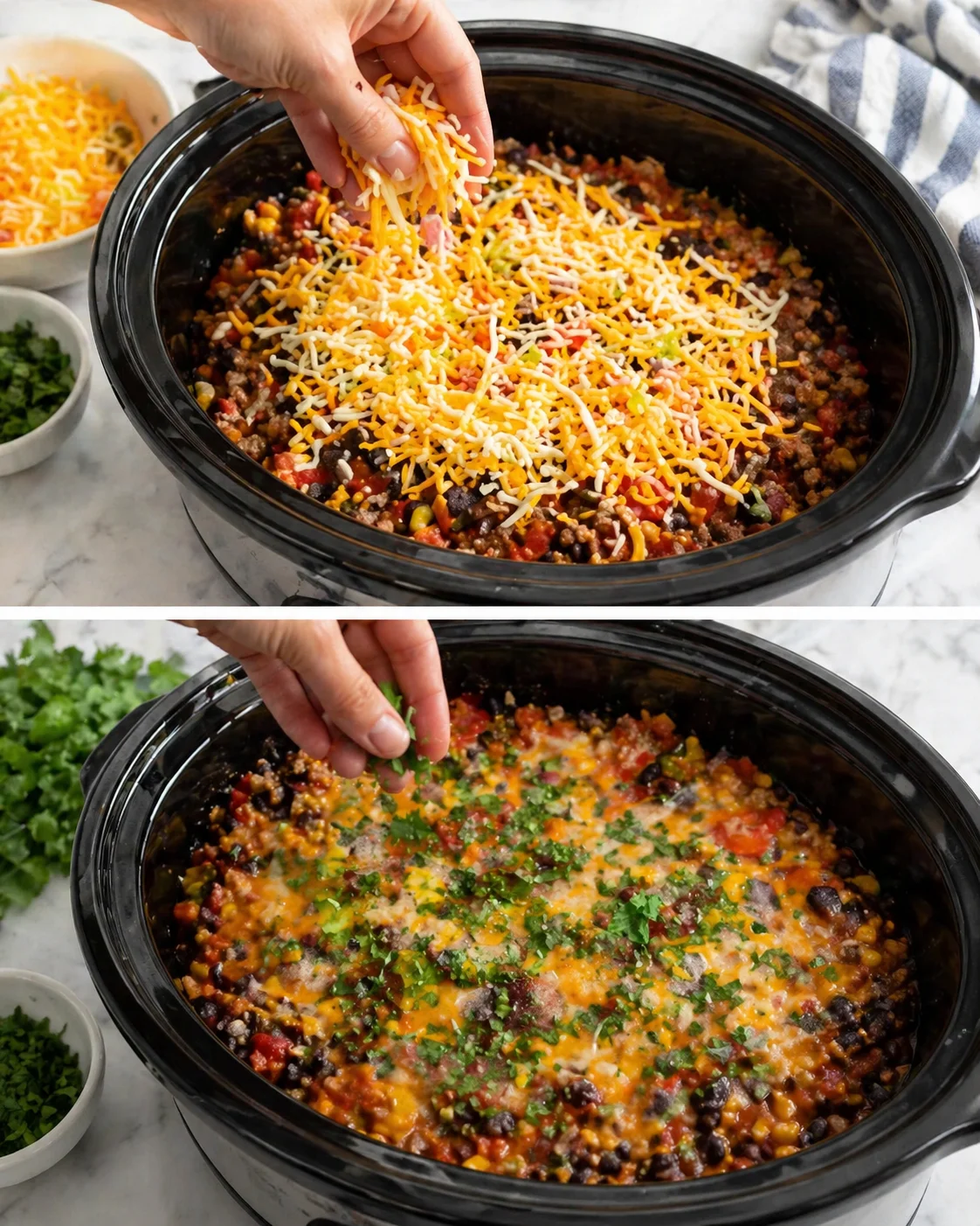 Two-panel collage of slow cooker chili being topped with shredded cheese, then fresh cilantro.