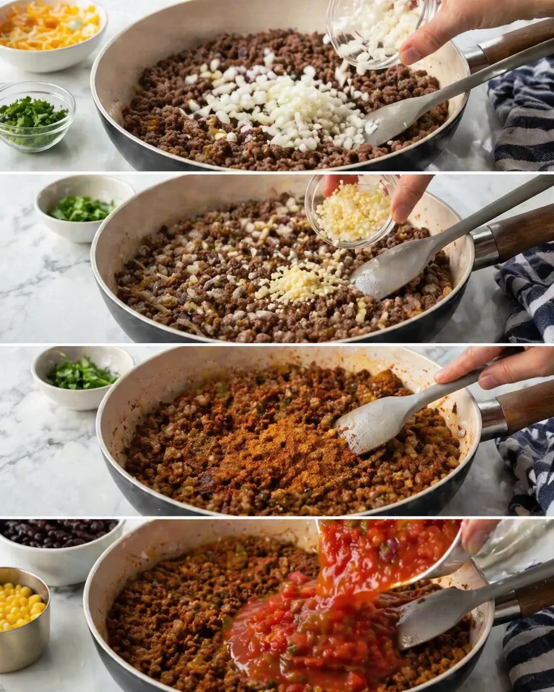 Four-panel collage of ground beef being cooked with onions, garlic, spices, and tomato sauce in a skillet.