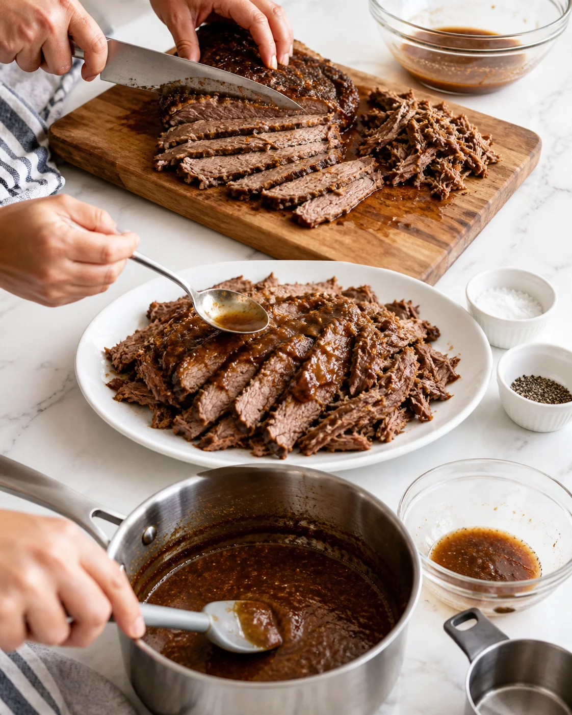 sliced-roast-beef-platter Sliced roasted beef arranged on a cutting board and on a white plate with glossy sauce.