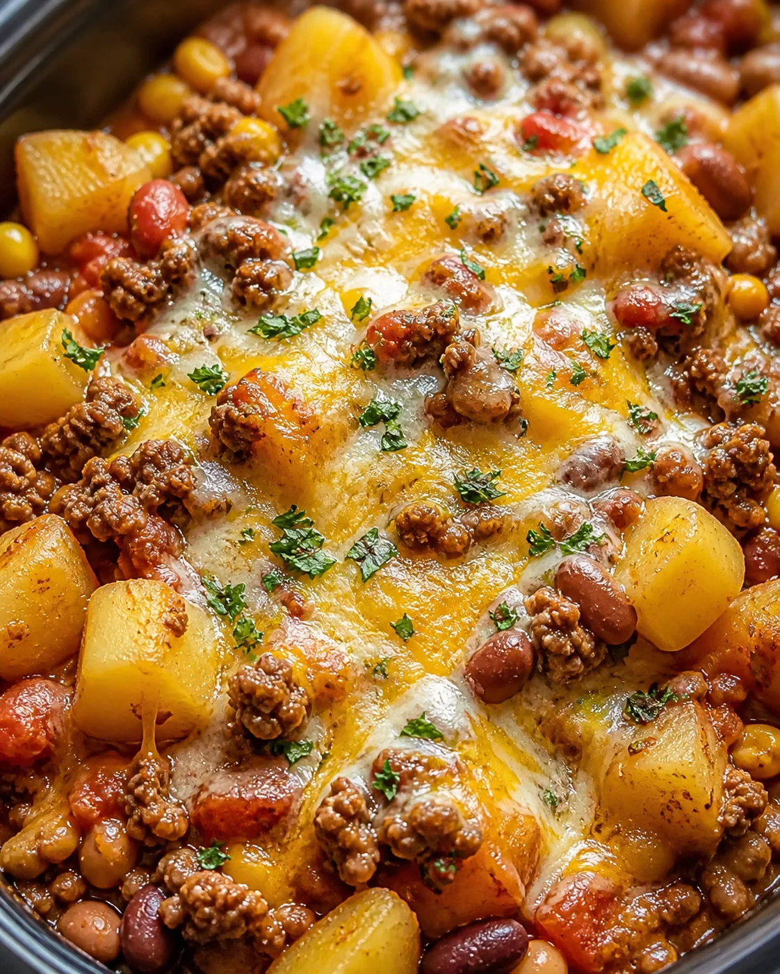 close-up of a cheesy potato-beef casserole with beans and parsley