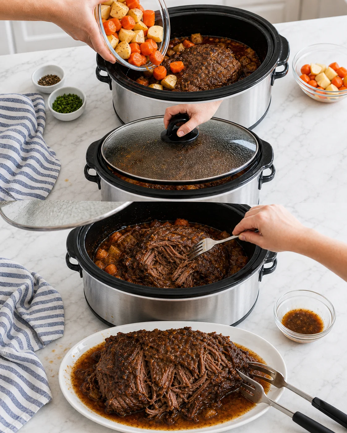 slow-cooker-beef-stew Plated shredded beef in dark sauce with vegetables and a slow cooker on a marble countertop