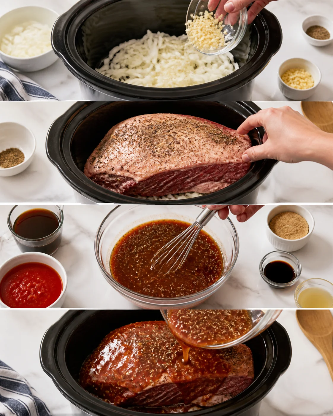 slow-cooker-beef-roast-prep Beef roast prep in slow cooker with onions, seasonings, and sauce (collage).