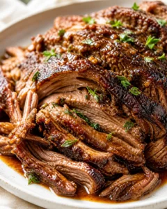 Close-up of sliced beef with a lacquered crust and herb garnish on a plate.