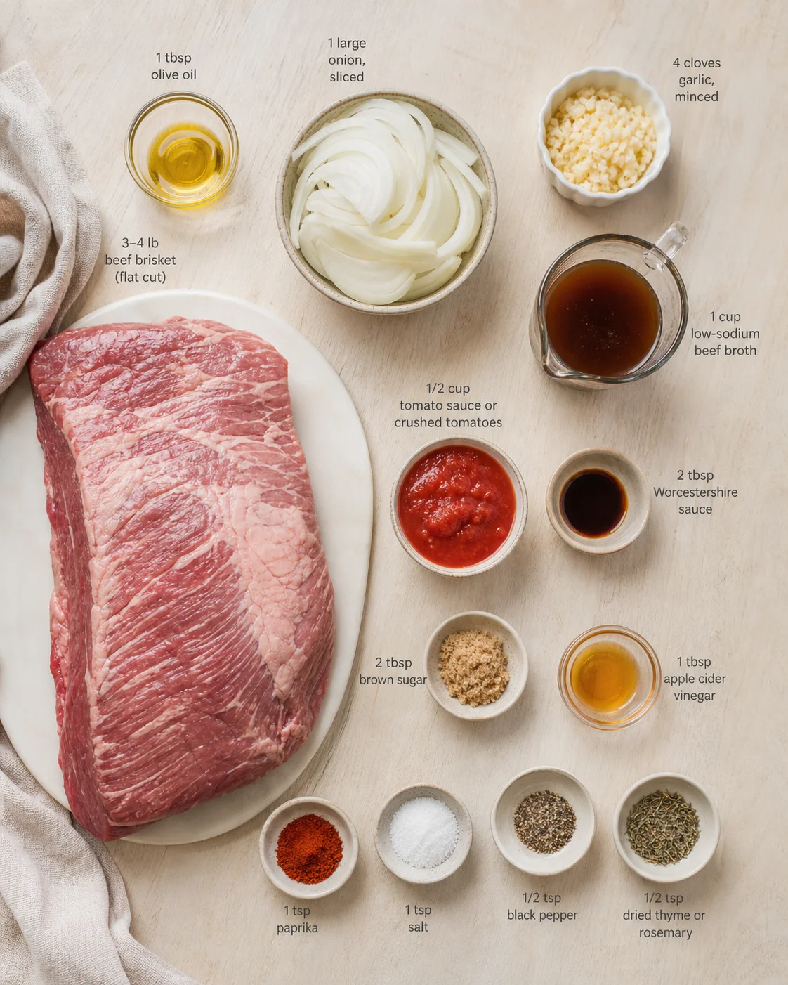 beef-brisket-ingredients-flatlay Overhead view of raw beef brisket with bowls of onions, minced garlic, sauces, and spices on a light wooden surface.