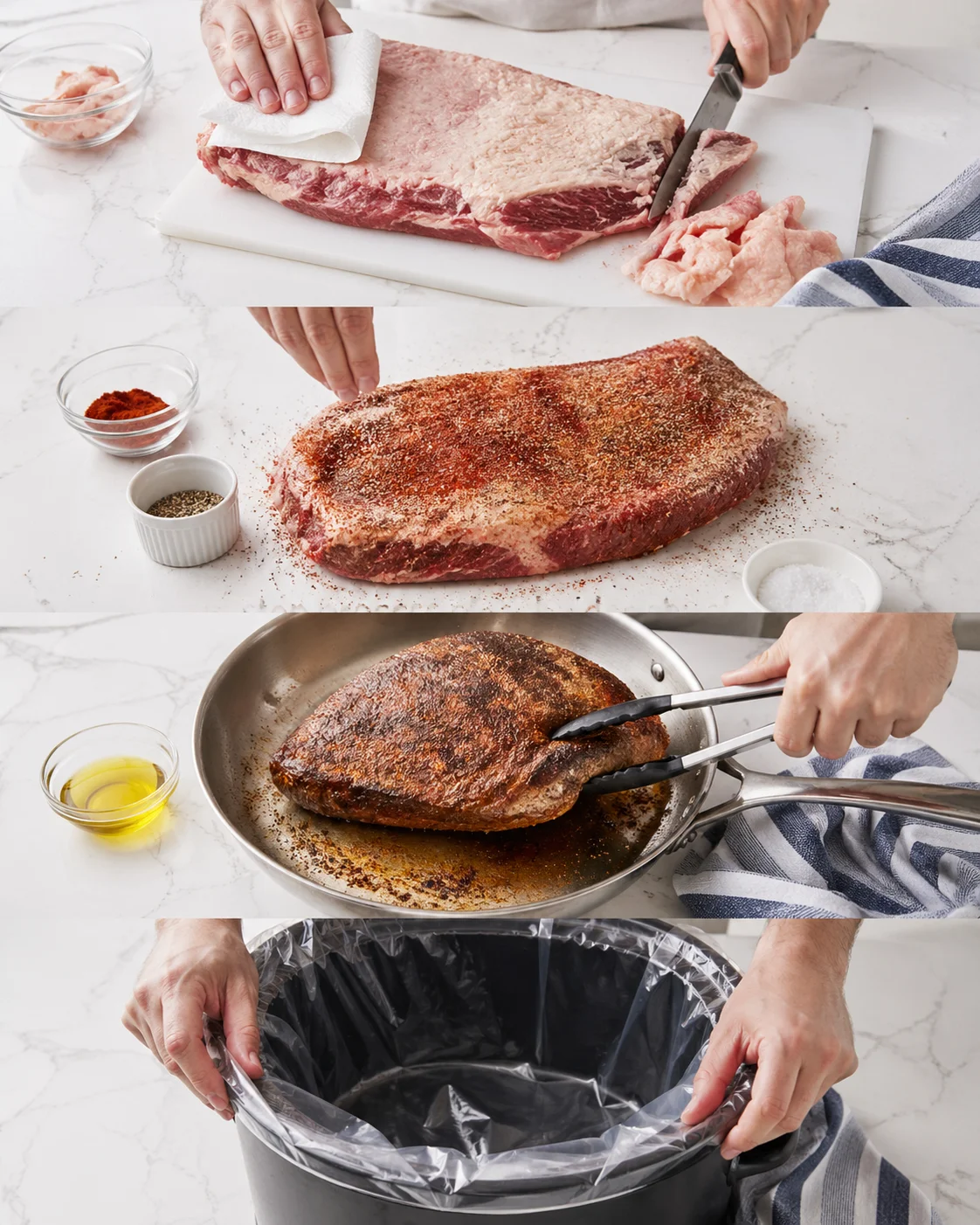 beef-prep-and-sear-steps Multi-panel sequence showing trimming fat, seasoning, searing beef, and lining a trash bag on a white marble countertop.