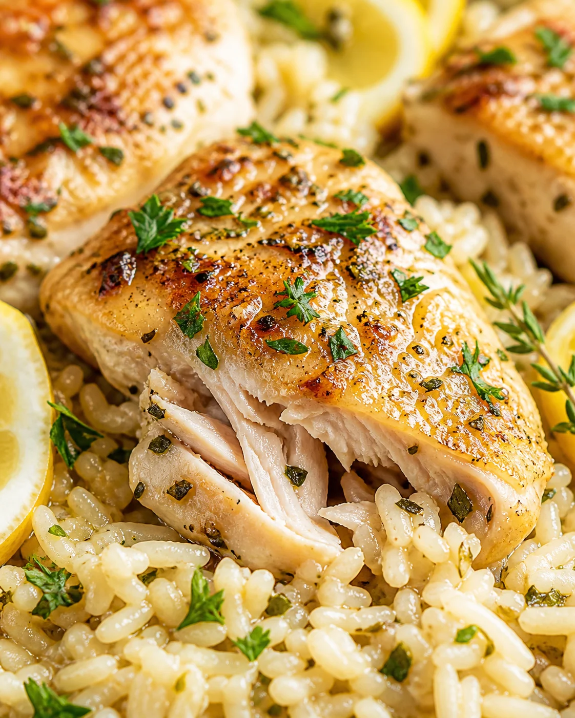 crispy-lemon-herb-chicken-with-risotto Golden-brown chicken with crispy skin on creamy risotto, garnished with parsley and lemon wedge.