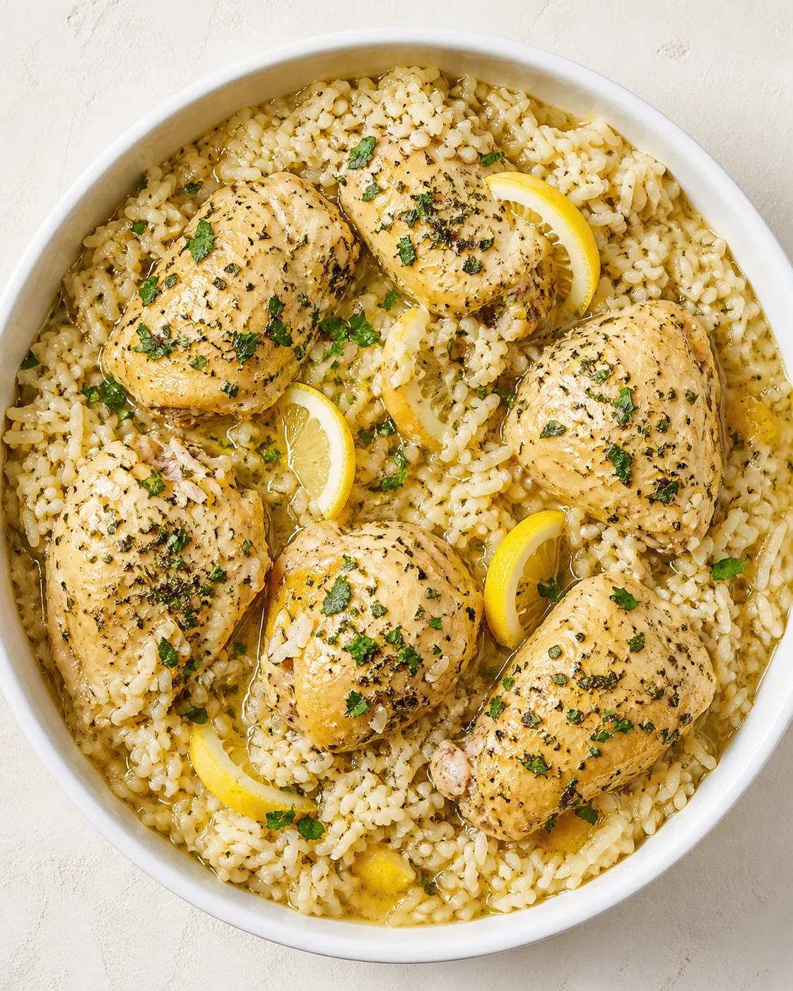 lemon-herb-chicken-over-risotto Creamy risotto with golden-brown lemon-herb chicken thighs and lemon wedges.