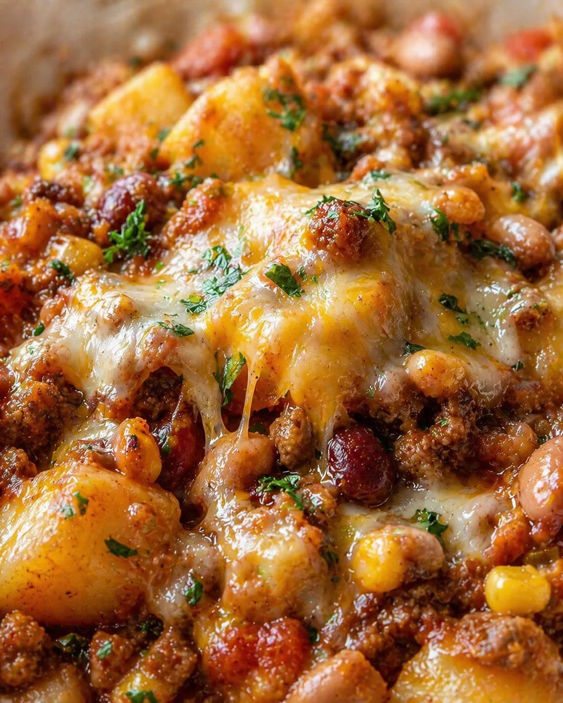 gooey-cheesy-potato-bake close-up of a cheesy beef and potato bake with corn and parsley