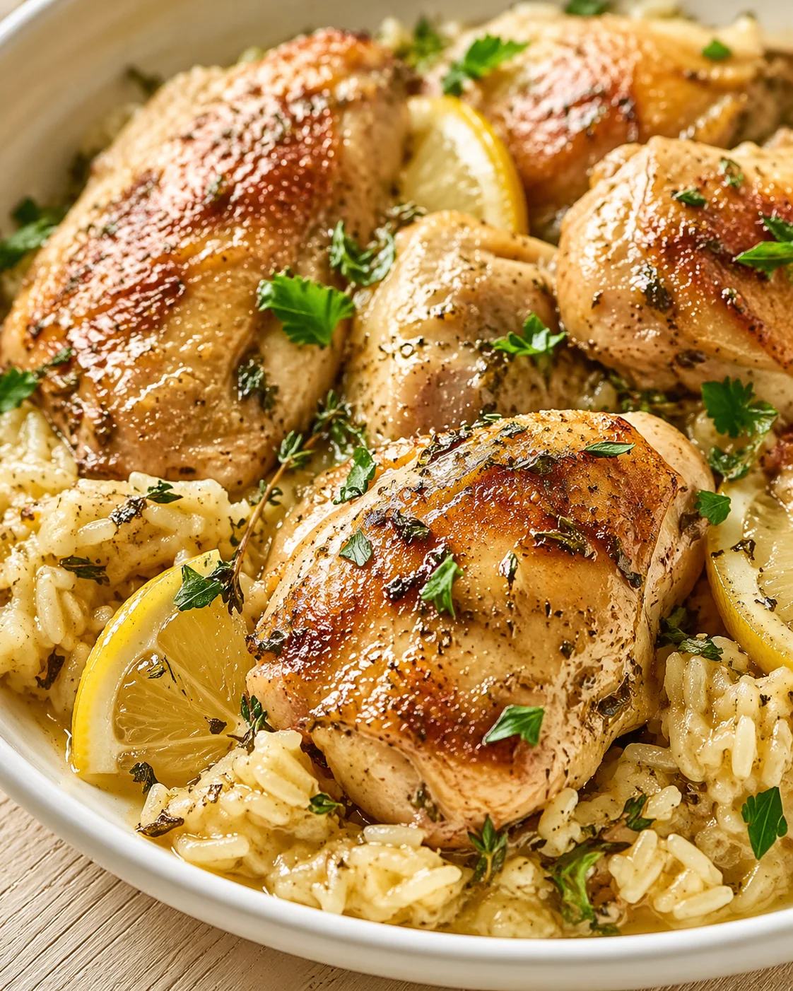 lemon-herb-roasted-chicken-thighs Crispy-roasted chicken thighs atop creamy lemon risotto, garnished with parsley and lemon slices