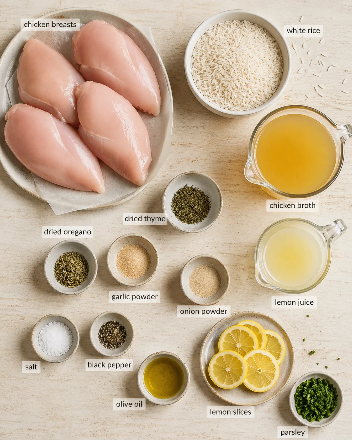 ingredient-flat-lay-chicken-rice Top-down view of raw chicken breasts, rice, lemon slices, broth, and spices arranged on a wooden surface.