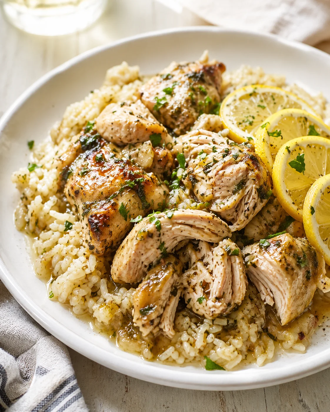 lemon-herb-chicken-over-creamy-risotto Plate of golden-brown lemon-herb chicken atop creamy risotto, garnished with parsley and lemon slices.