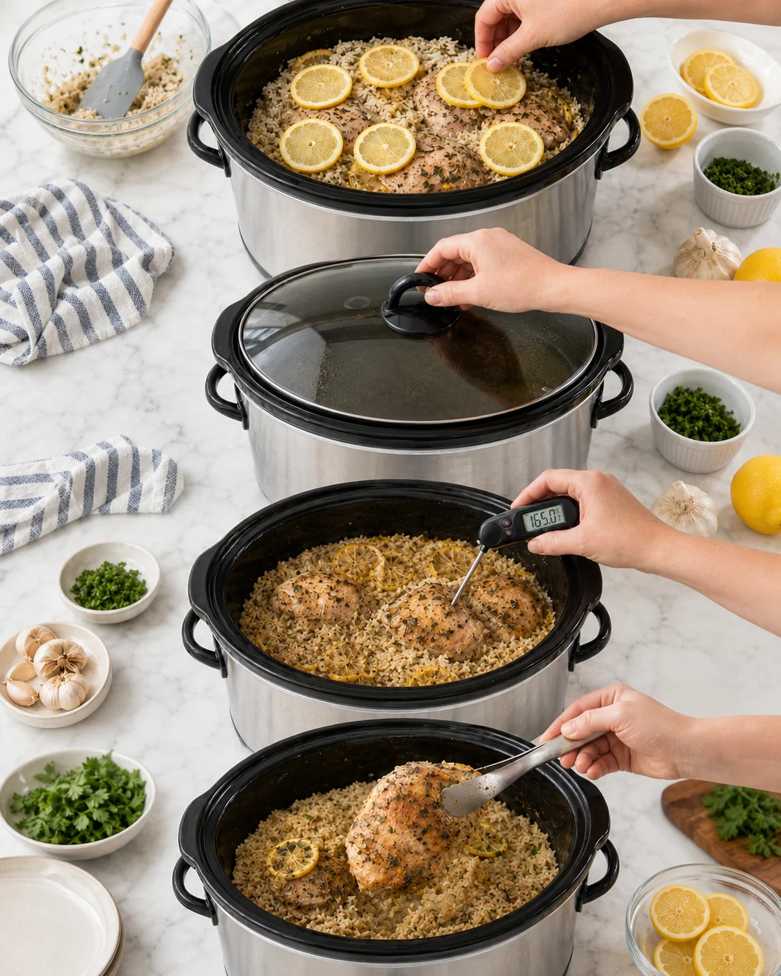 slow-cooker-lemon-chicken-rice Three slow cookers on a marble counter show lemon-topped chicken and rice, with hands adding slices.