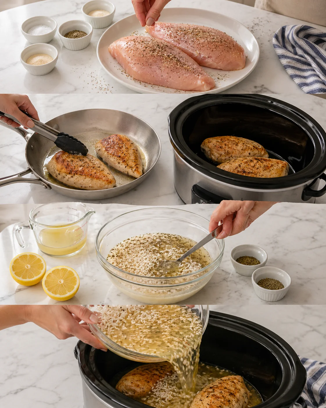 lemon-pepper-chicken-slow-cooker collage showing raw chicken being seasoned, seared, and slow-cooked with lemon and oats on a marble countertop