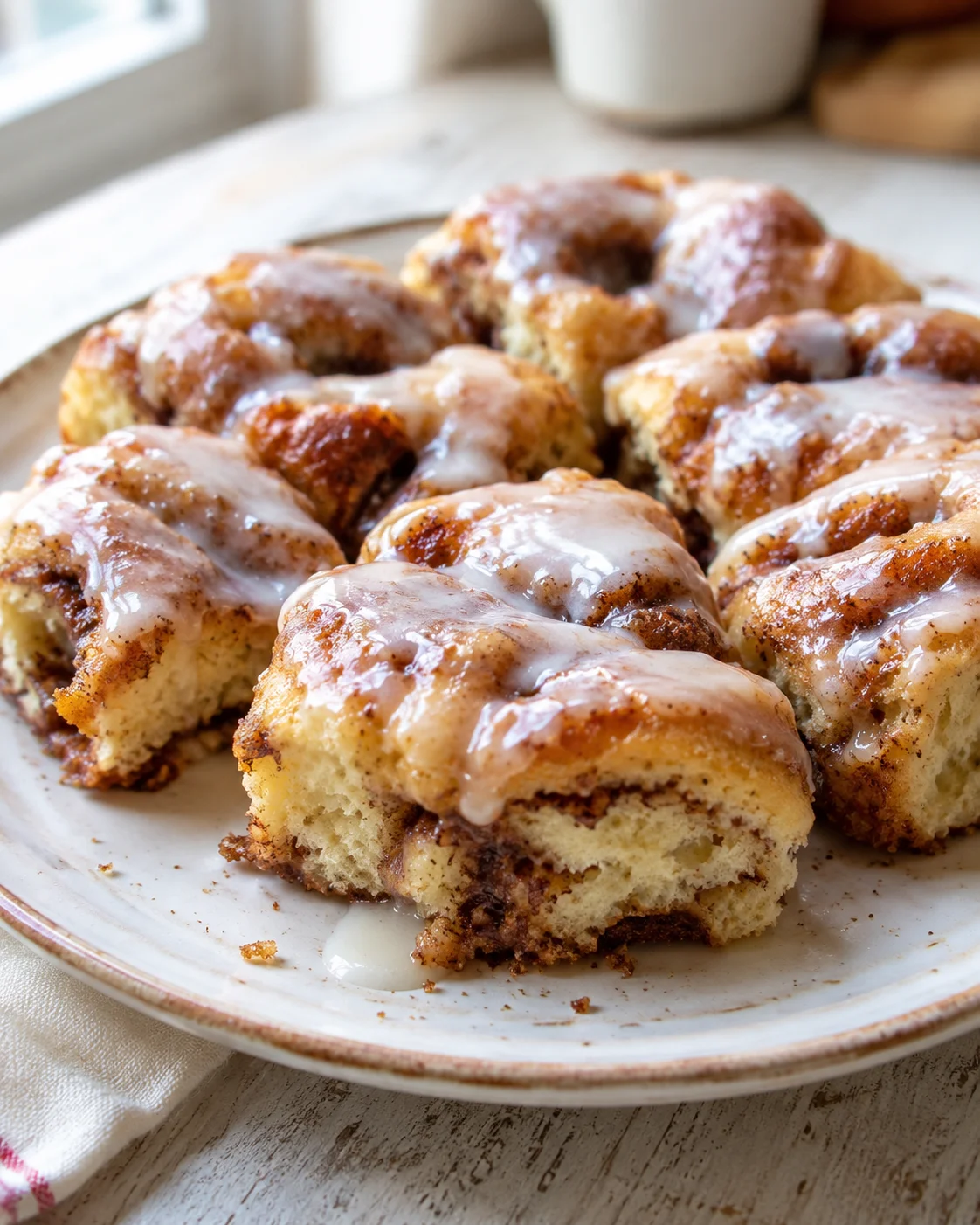 Close-up of warm cinnamon rolls glazed with white icing on a plate by a window