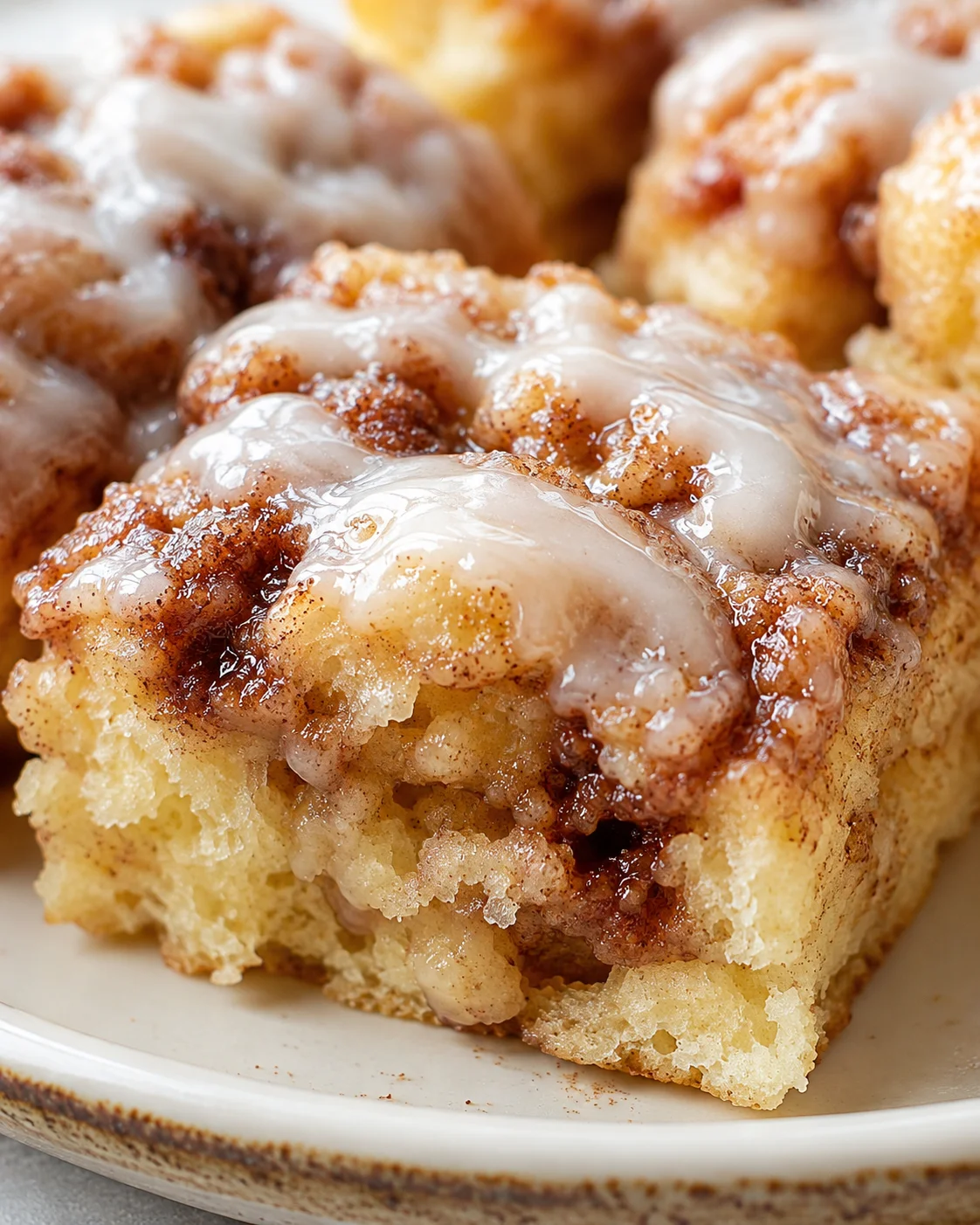 close-up of glossy cinnamon rolls with white glaze on a cream plate