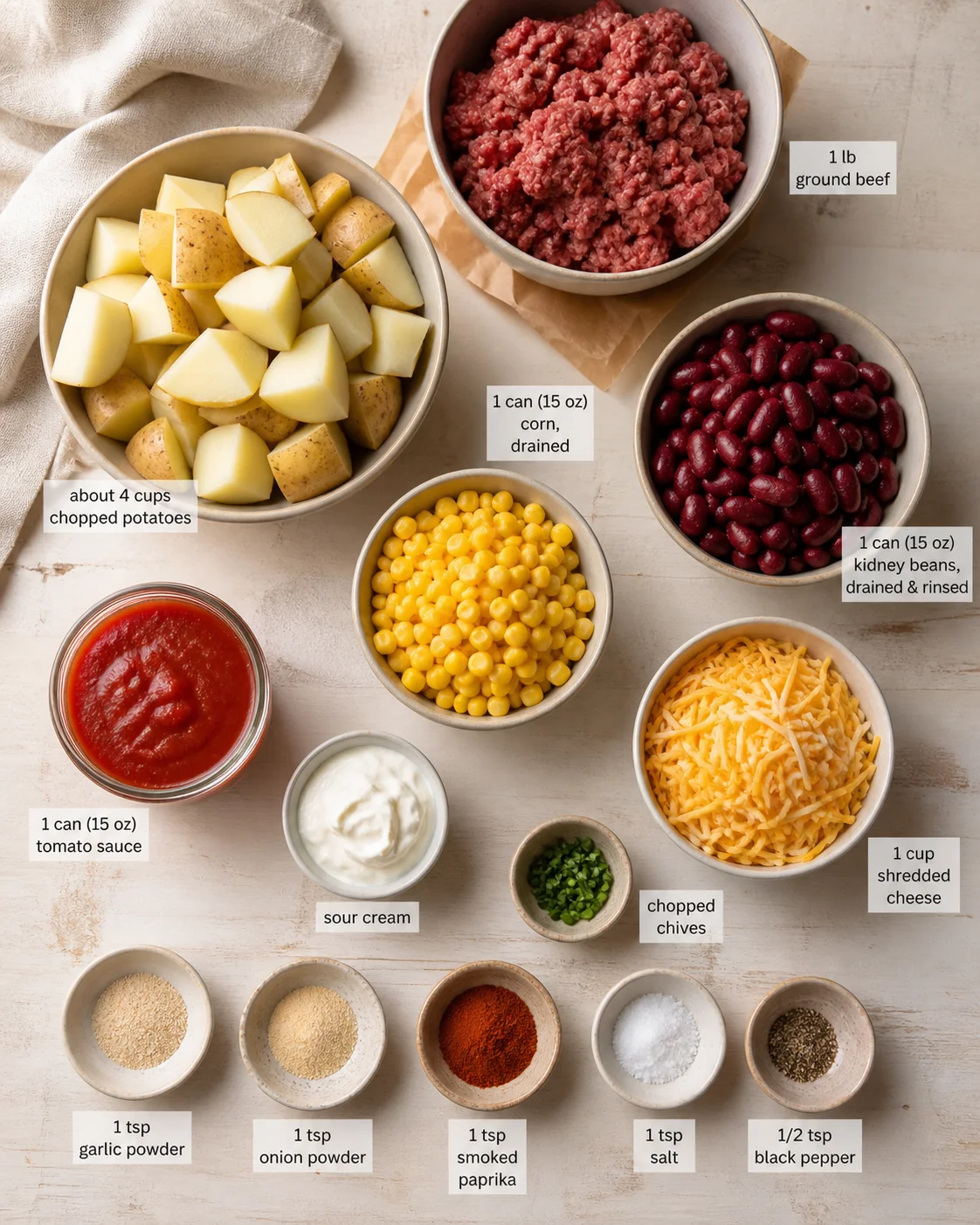 ingredients-layout-for-casserole Overhead view of bowls with potatoes, ground beef, beans, corn, cheese, sauces and spices for casserole.