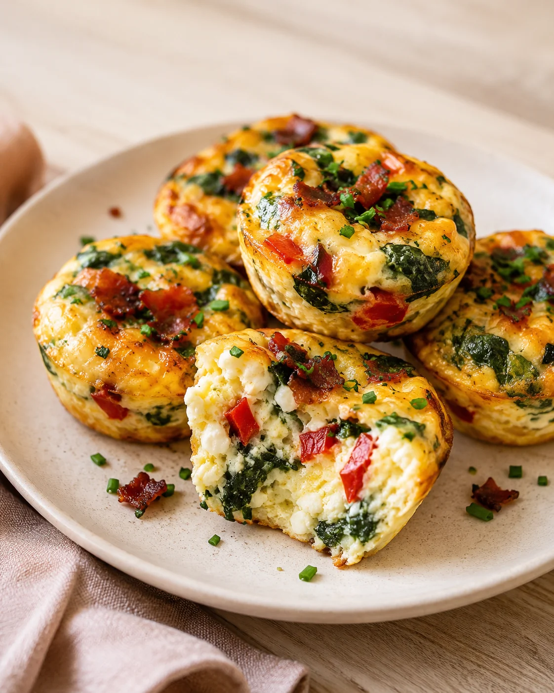 Plated bacon-spinach-cheese egg bites on a beige plate with chopped herbs.