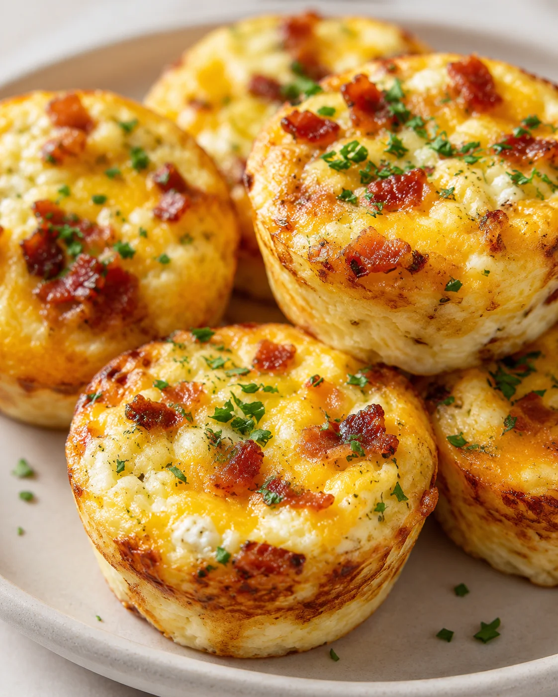plate of golden-brown cheese muffins topped with crispy bacon bits and chopped parsley