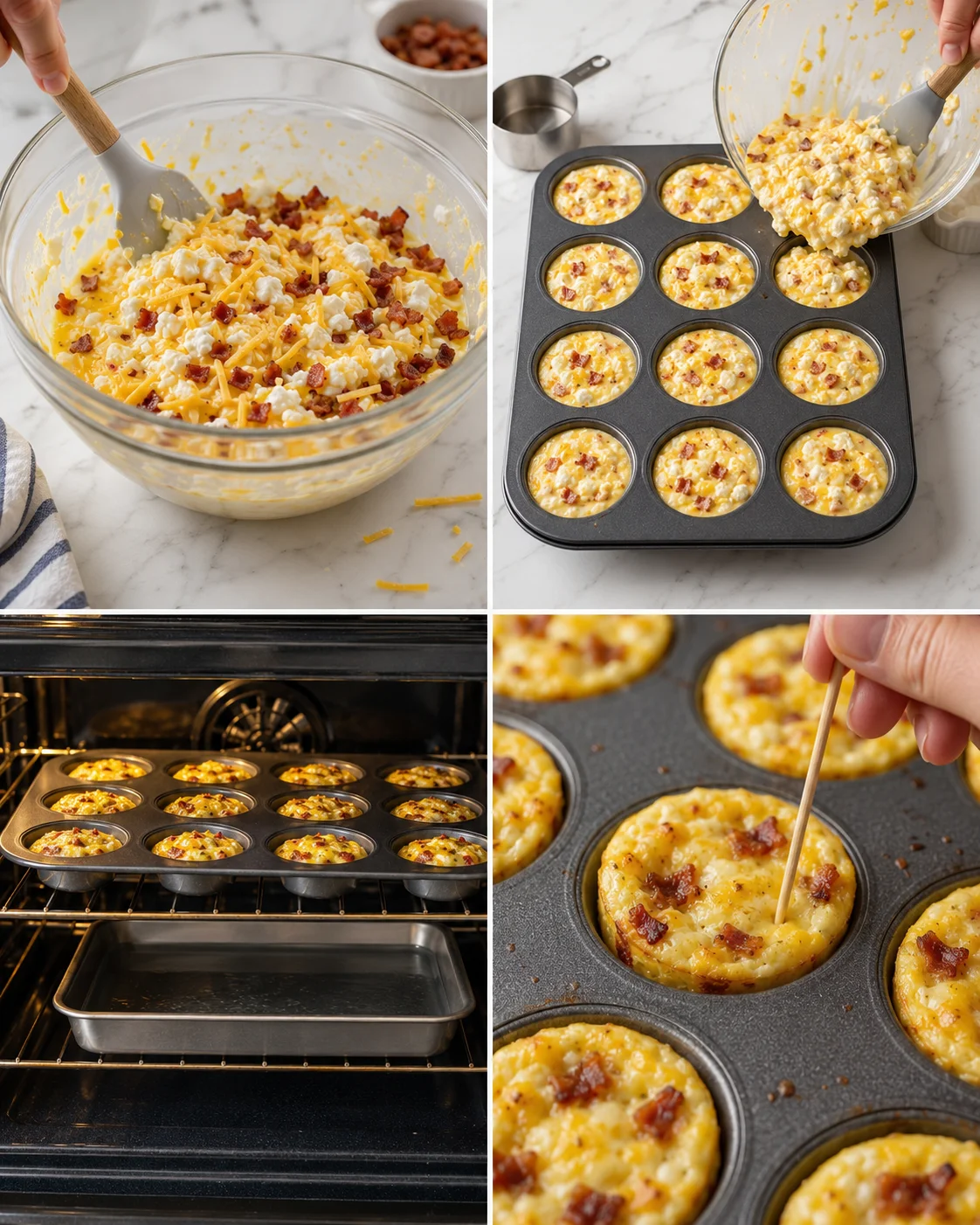 collage showing batter mixing, filling muffin cups, baking, and testing bacon-cheddar muffins