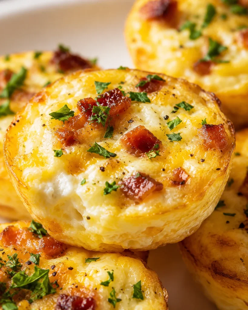 Close-up of golden cheesy potato bites with bacon and parsley.