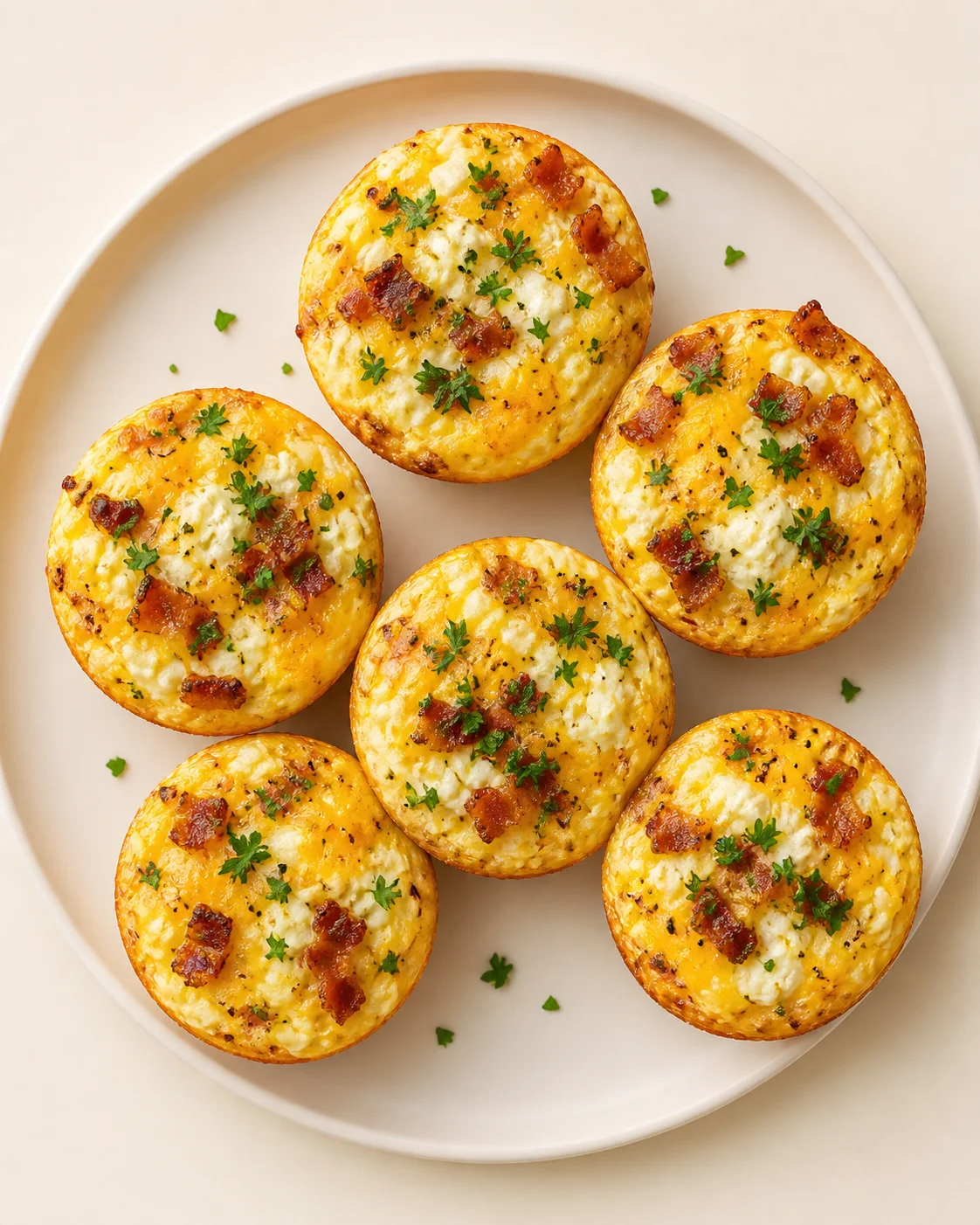 Six mini cheddar-bacon egg muffins on a white plate, garnished with parsley.