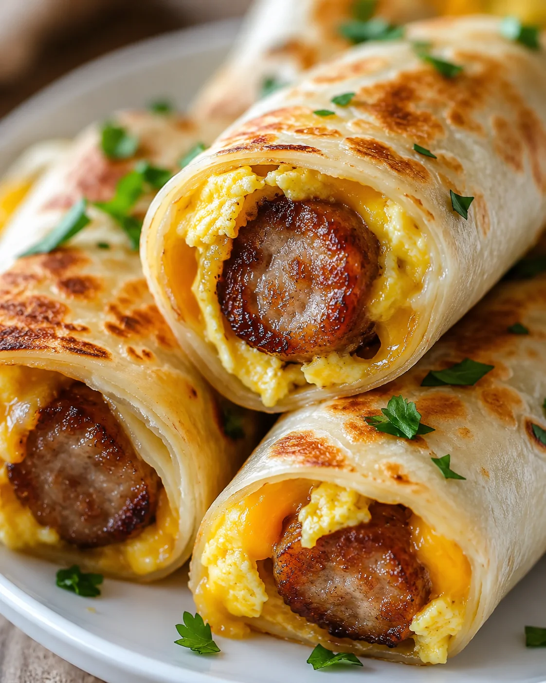 close-up of sausage and scrambled egg stuffed tortilla roll-ups on a white plate, garnished with parsley
