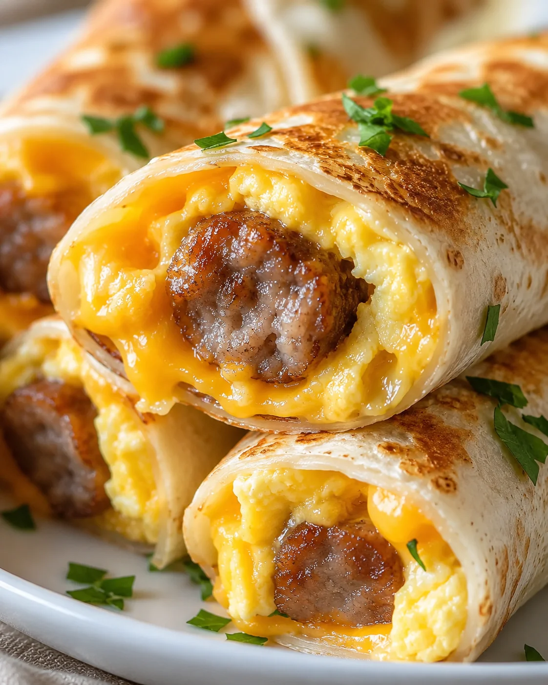 close-up of a grilled breakfast burrito with eggs, sausage, melted cheddar, and parsley