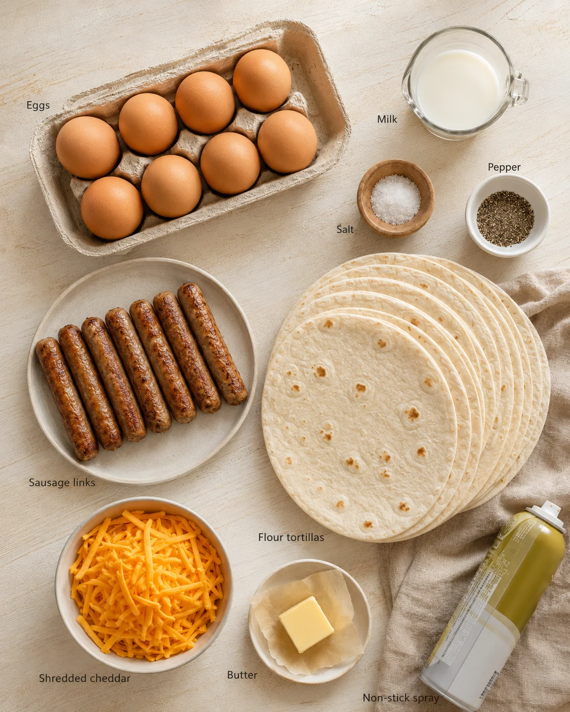 Overhead view of eggs, milk, salt, pepper, sausages, tortillas, cheddar, butter, and cooking spray on a light wooden surface.