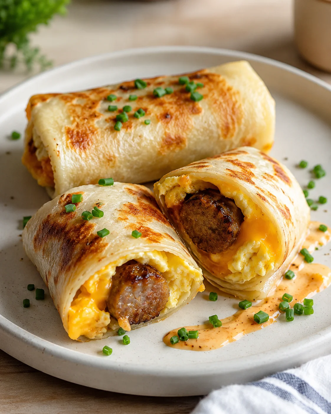 Three golden crepe rolls filled with sausage and cheese on a white plate, garnished with chives.