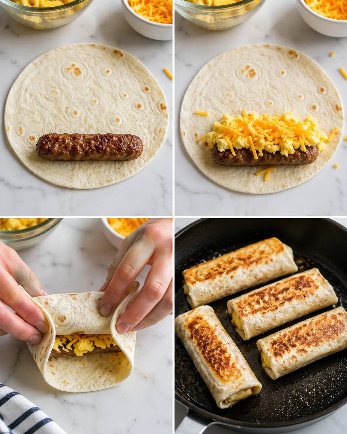 four-panel collage showing sausage on tortilla, topped with cheese, rolled, and pan-fried taquitos