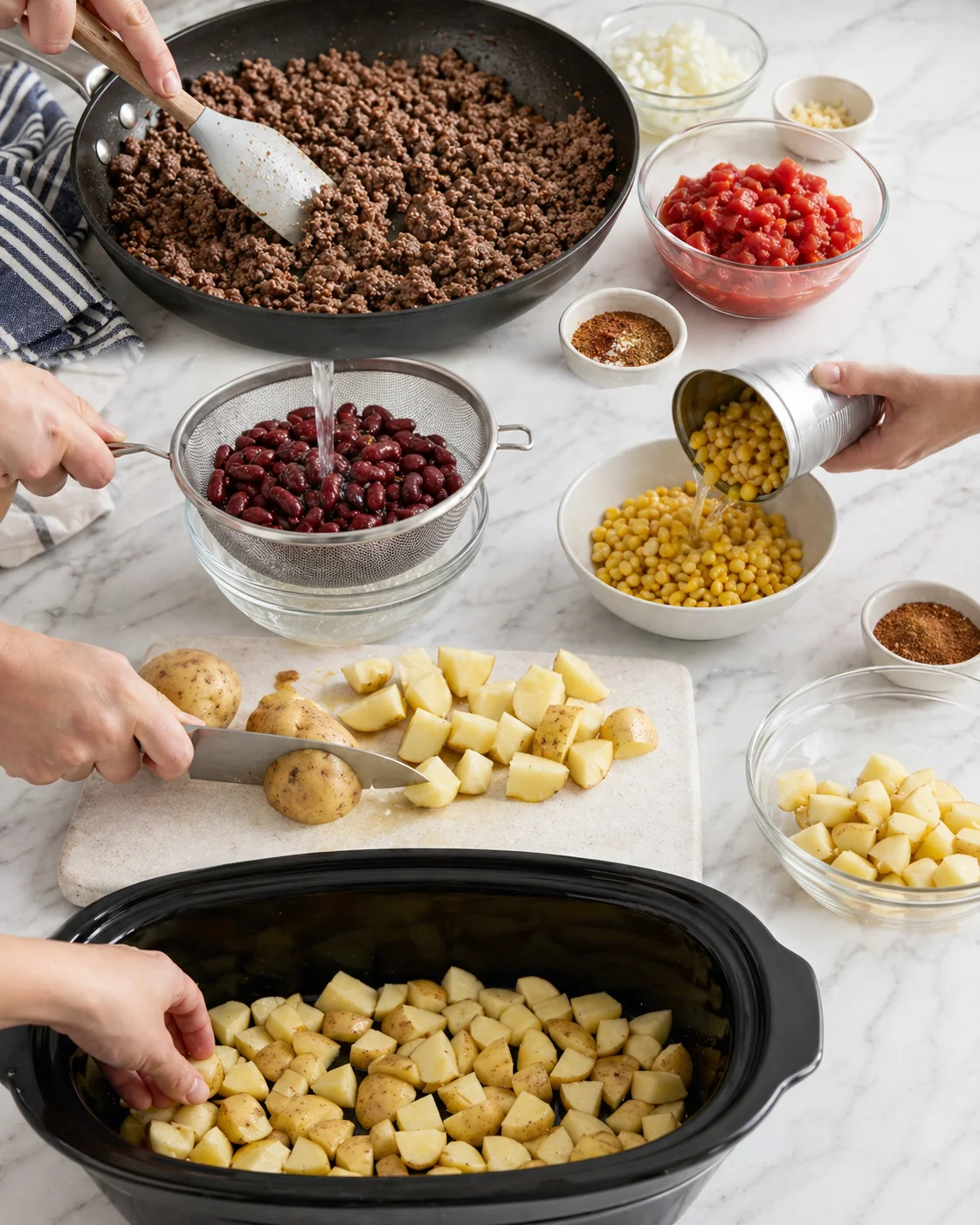 potatoes-beans-corn-assembly Top-down view of a kitchen counter with browned ground beef, potatoes, and bowls of beans and corn.