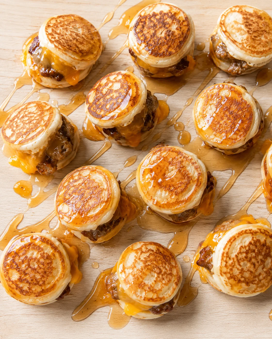 Close-up of golden-brown mini cheeseburger sliders with melted cheese and onion on a wooden board.