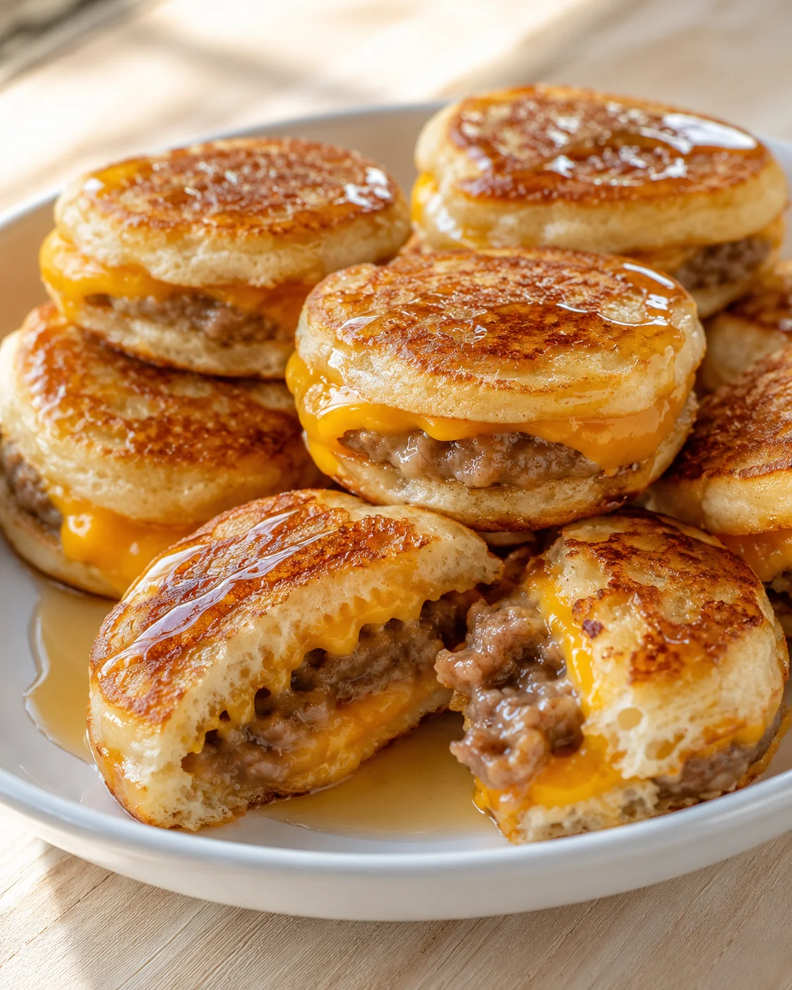 Stack of golden-brown cheddar sausage biscuits with melty cheese on a grey plate