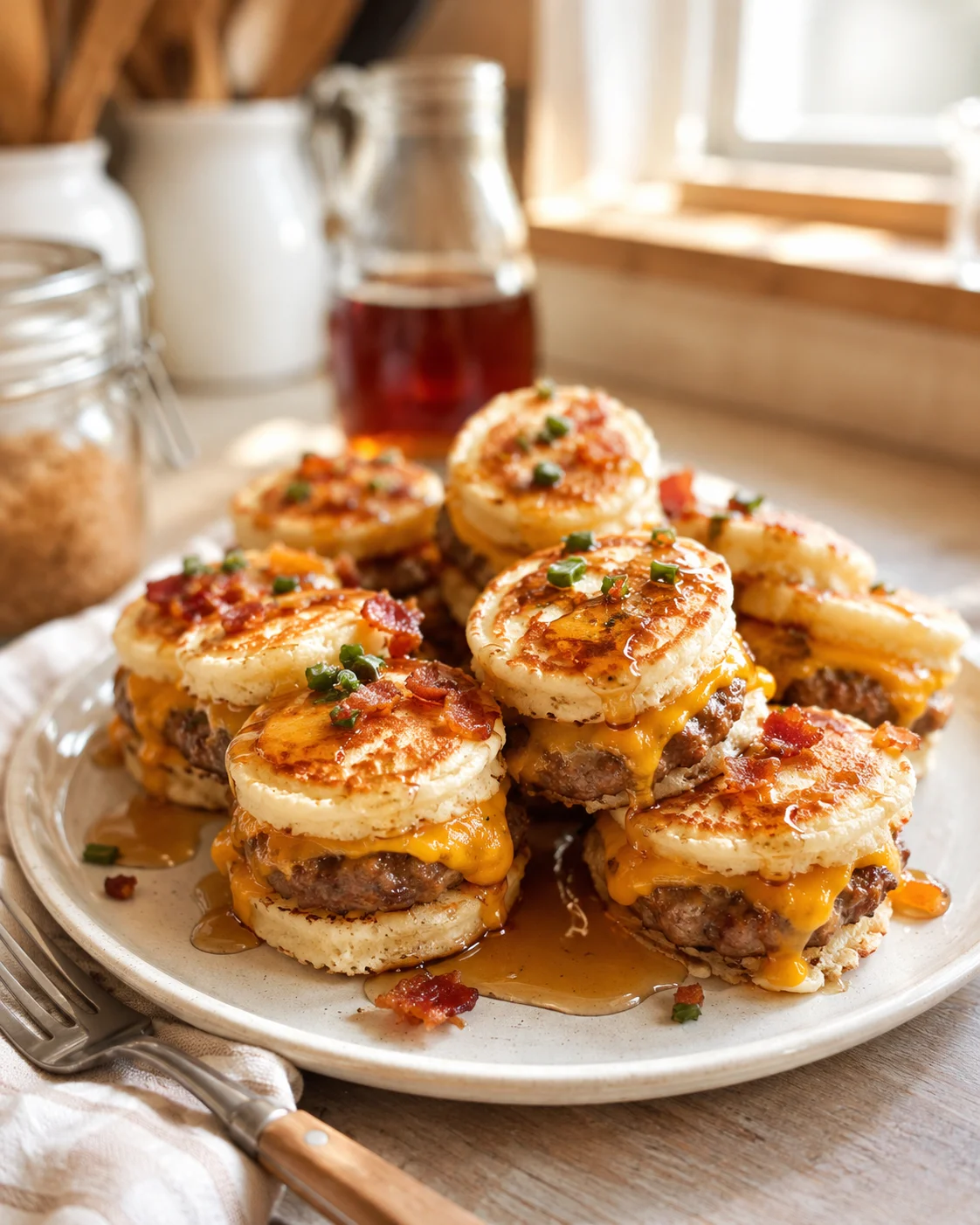 Plate of mini maple-glazed bacon cheddar sliders with melted cheese and chive garnish.